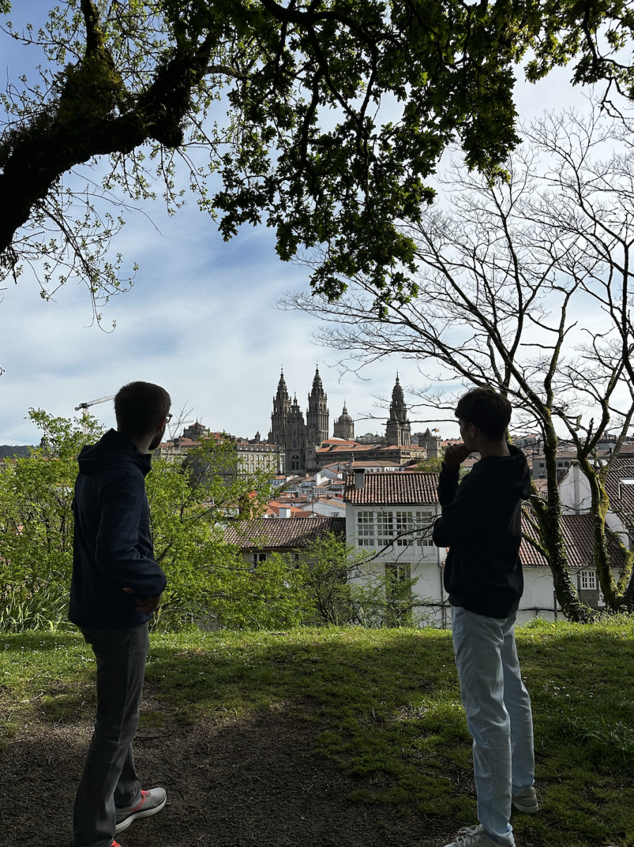 Dr. Hackenburg and David look out onto the Cathedral of Santiago de Compostela in Spain.
